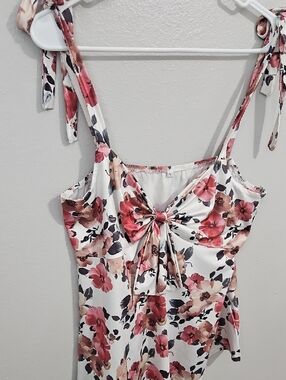 Floral Tie-Shoulder Camisole Top - White with Pink & Brown Flowers